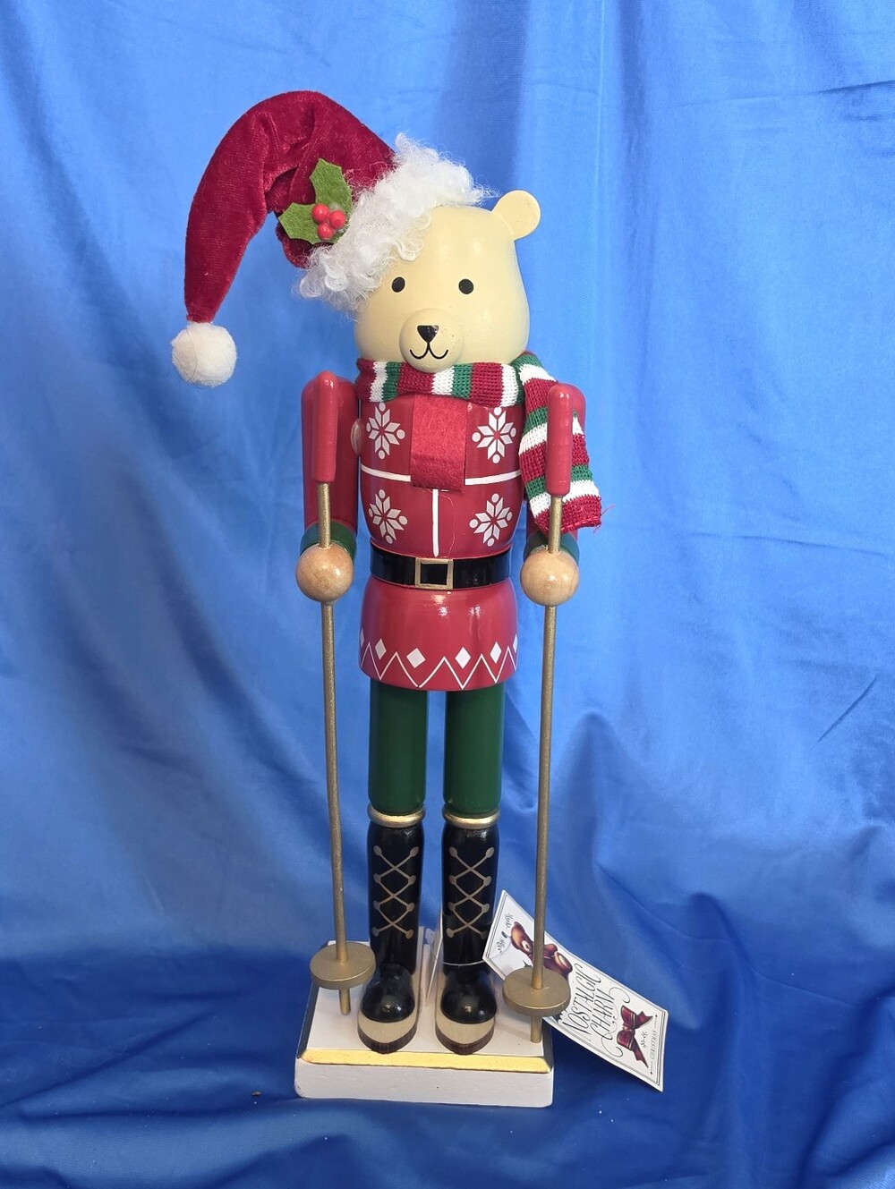 Wooden Skier Nutcracker Figurine with Festive Red Santa Hat & Ski Poles NWT